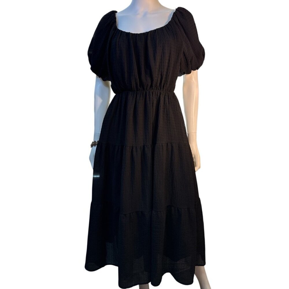 ASTR The Label Tiered Smocked Puff Sleeves Midi Dress Black Size Small EUC